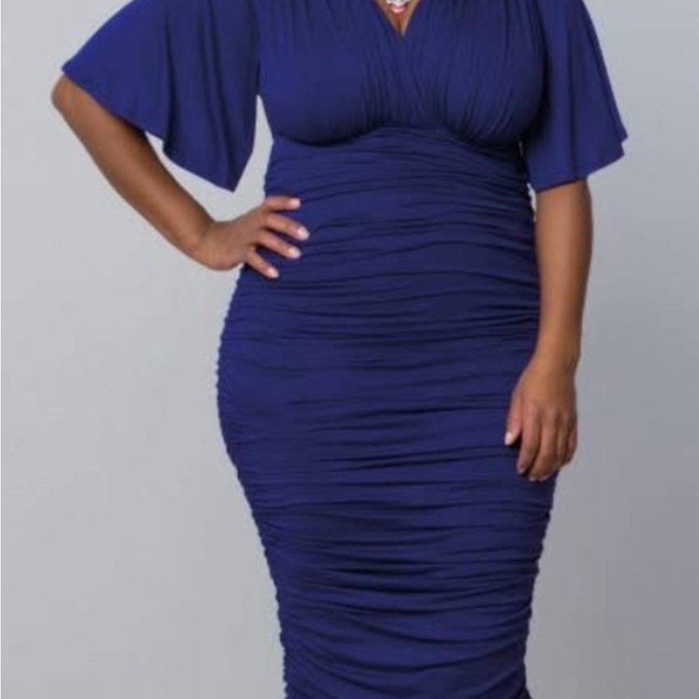 Ruched V-Neck Midi Dress in Royal Blue